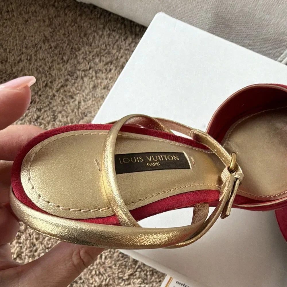 ⁠Louis Vuitton Red Suede Metallic Gold Strap Peep Toe Wedge Sandals 37 Entrupy